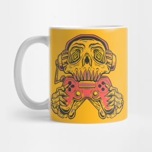 A skull gamer holding a red joystick controller and wearing headphone. Mug